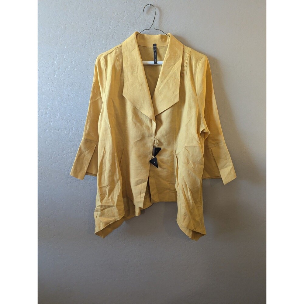 IC by Connie K Gold Linen Asymmetrical Jacket Size L Lagenlook Boho Chick Read‎